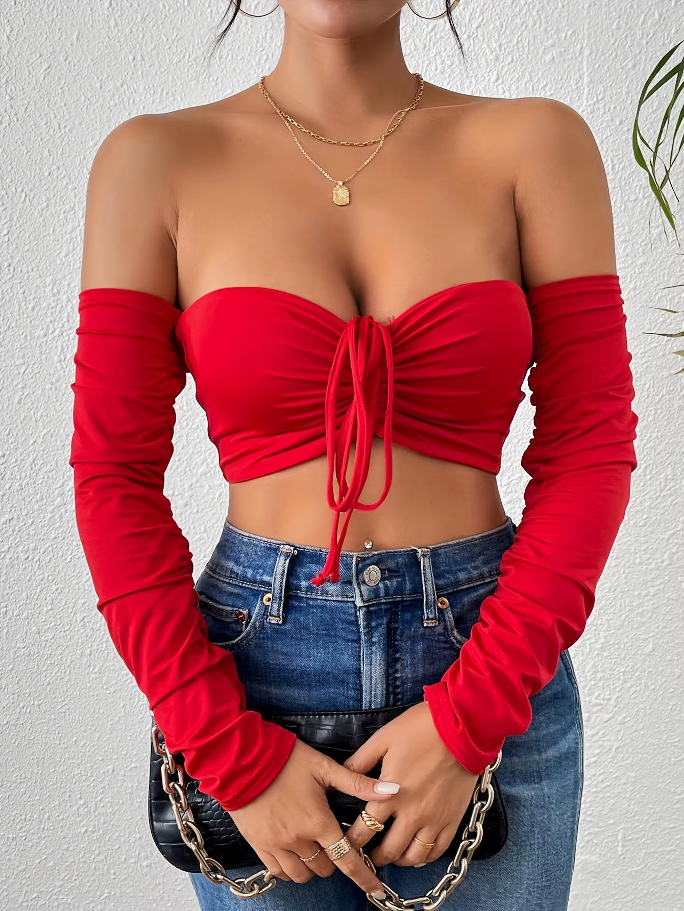 Sexy Ruched Crop T-Shirt - off Shoulder, Long Sleeve, Drawstring Front, Flattering Fit, Clubwear, Night Out, Womens Fashion Clot