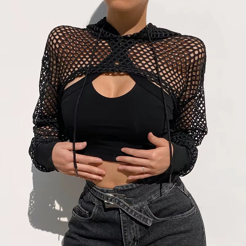 Street Style Fishnet Holes T Shirt See through Hollow Out Hooded Full Sleeve Crop Top Women Casual Loose Shirt Smock Fall