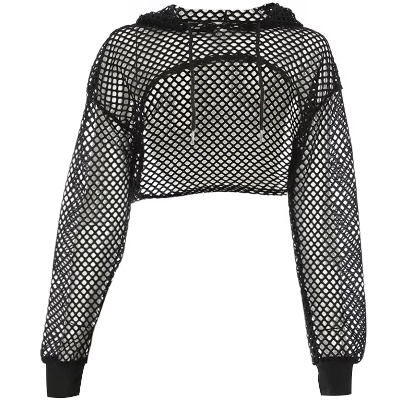 Street Style Fishnet Holes T Shirt See through Hollow Out Hooded Full Sleeve Crop Top Women Casual Loose Shirt Smock Fall