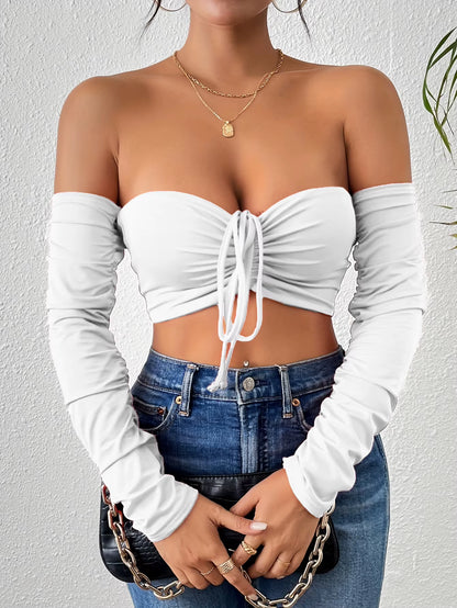 Sexy Ruched Crop T-Shirt - off Shoulder, Long Sleeve, Drawstring Front, Flattering Fit, Clubwear, Night Out, Womens Fashion Clot