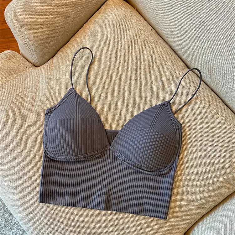 V-Neck Camisole Women Sexy Stretch Push up Bra with Chest Pads Knitted Crop Top for Female Short Tube Top Tops Bralette Y2K