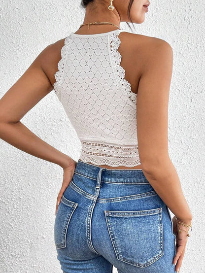 Sexy Short Length Contrast Lace Crop Halter Top - Elegant Geometric Pattern, Semi-Sheer