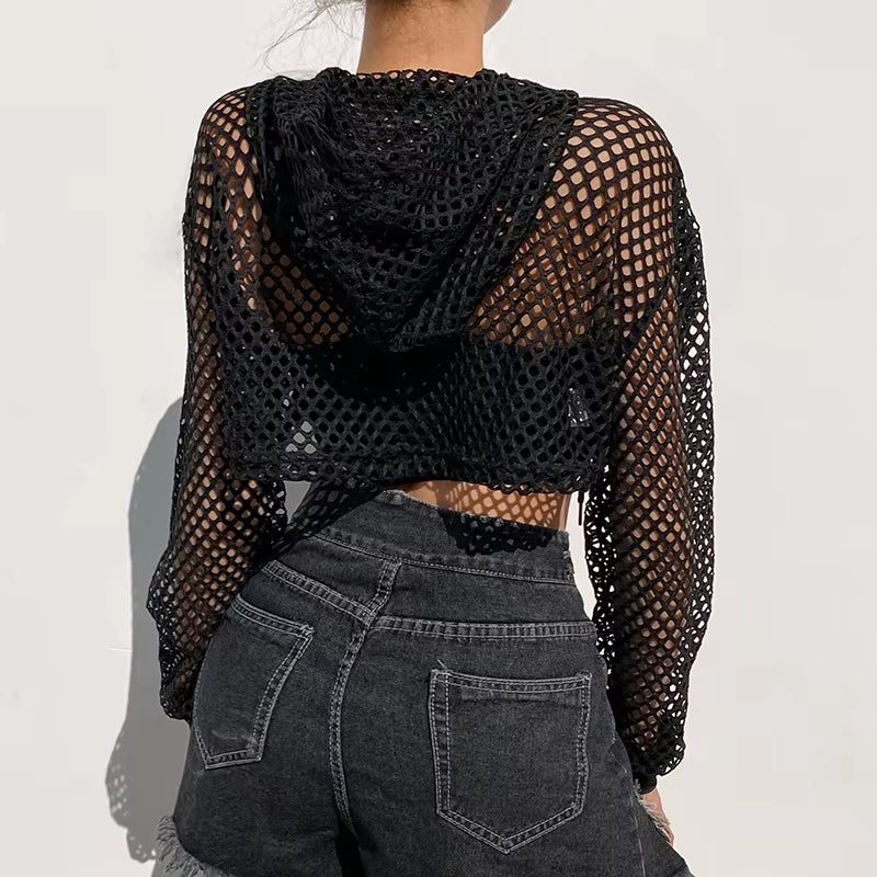 Street Style Fishnet Holes T Shirt See through Hollow Out Hooded Full Sleeve Crop Top Women Casual Loose Shirt Smock Fall